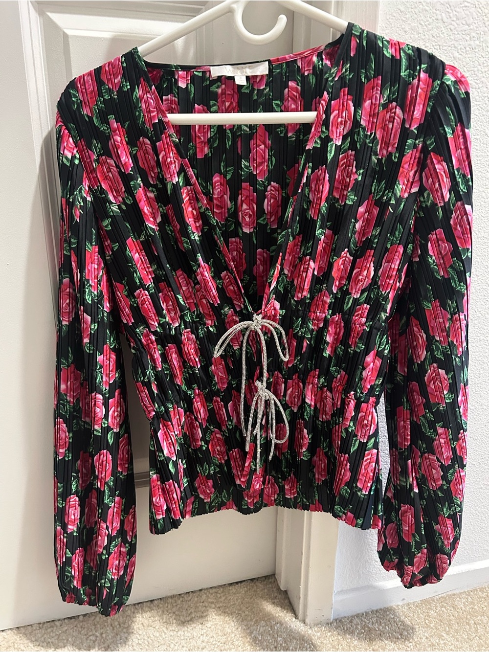 Wayf Black V-Neck Floral Blouse with Pink Roses and rhinestone self tie bows